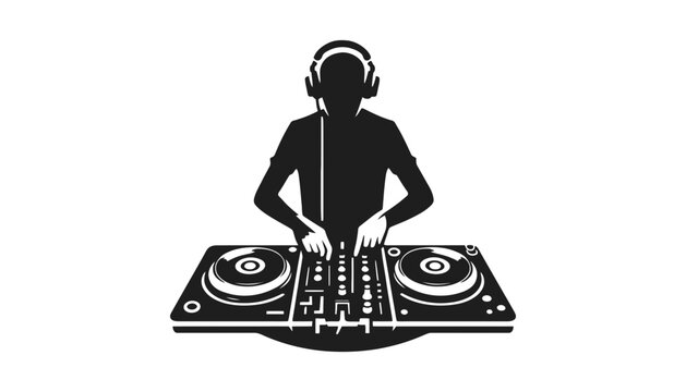 Dj disc jockey silhouette spinning music on turntable deck