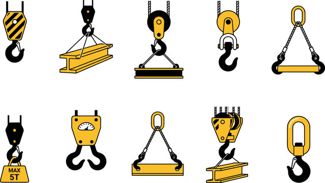 Industrial Crane Hook and Heavy Lifting Equipment Vector Icon Set Featuring Industrial Rigging, Steel Cables, I-Beam Slings, and Hoist Machinery Components