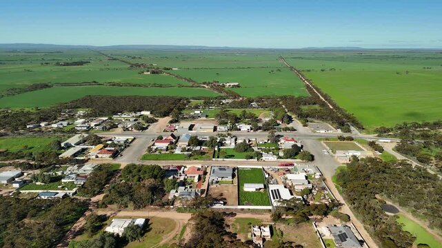 Alford, South Australia &ndash; 4K aerial drone footage of rural township, yorke peninsula farmland, agricultural landscape, residential houses, estates, country roads and australian countryside.