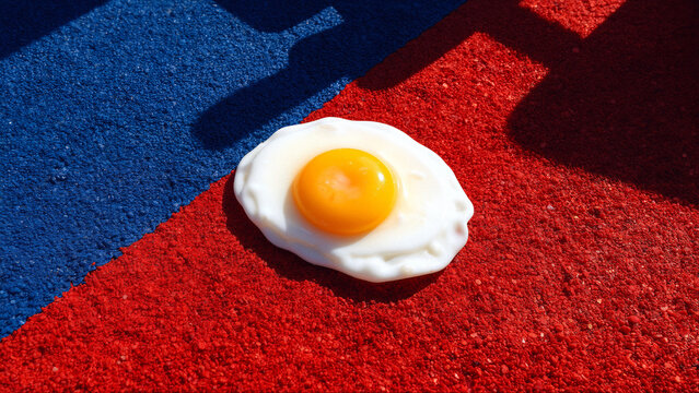 Fried egg on red and blue textured surface