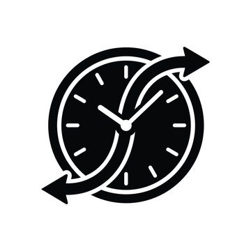 Clock with Circular Arrows Icon, 24 Hours Service and Time Loop Concept, Minimalist Silhouette Vector