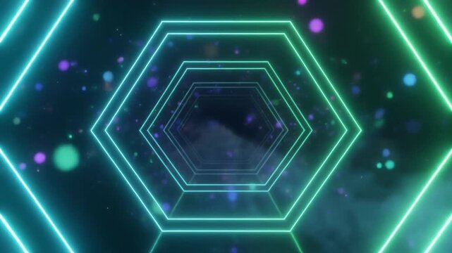 Abstract infinity tunnel of glowing hexagonal light frames with blue and emerald gradients, floating particles and volumetric haze, creating premium cybersecurity technology background with copy space