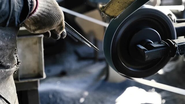A technician uses an industrial belt grinder to sharpen and refine metal surfaces, producing sparks while wearing protective gloves in a professional manufacturing workshop setting.