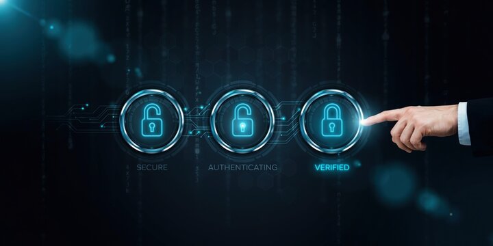 Digital concept of security verification with businessman finger touching screen