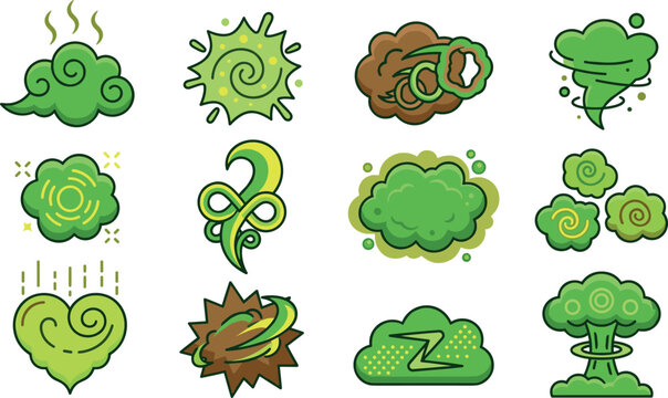 Green Toxic Gas Clouds and Stinky Bad Odor Icon Set with Flat Line Vector Symbols for Comic Book Fumes, Mushroom Blast, and Smelly Air Pollution Expressions
