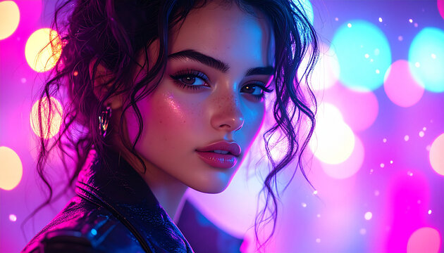 A stylish woman poses in a vibrant neon-lit atmosphere wearing a leather jacket.