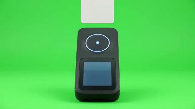 Modern contactless payment terminal activates and a generic card approaches the sensor area showing secure access and digital transaction trust on green screen background