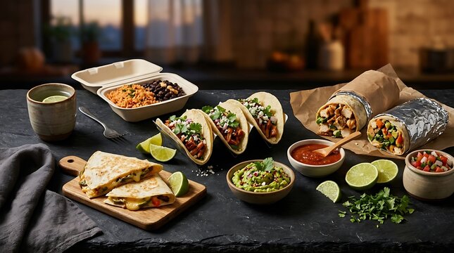 Delicious mexican food spread with tacos burritos and quesadilla on a dark table. mexican takeout