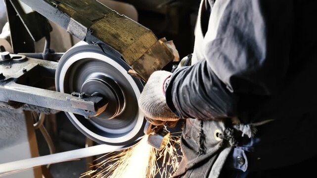 A technician uses an industrial belt grinder to sharpen and refine metal surfaces, producing sparks while wearing protective gloves in a professional manufacturing workshop setting.