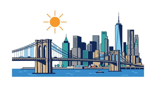 New York City Skyline with Brooklyn Bridge and Sun - Vector Illustration