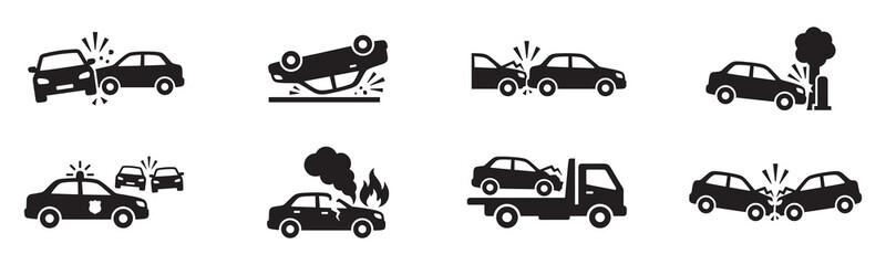 Car accident and road crash icon set. Head on collision, flipped vehicle, tree crash, police car, burning engine smoke, tow truck, and broken bumper. Vector illustration. © Roberto_Caravelli