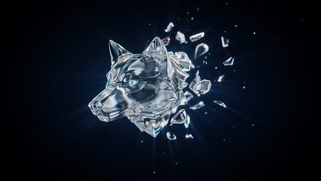 Crystal wolf head sculpture shattering into fragments on a dark background