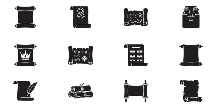 Ancient scroll icon set. Old paper manuscripts, parchment documents, treasure maps, royal decrees with crown and wax seal. Vector illustration.