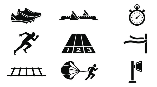 Black and White Glyph Icons of Track and Field Running Sports Equipment and Action