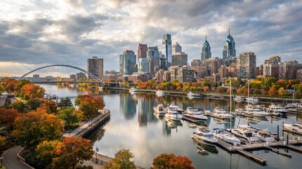 Obraz premium Modern Riverfront City Skyline with Luxury Marina and Vibrant Autumn Foliage Under Dramatic Cloudy Sky