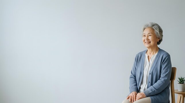 Senior woman with gray hair and light skin tone, wearing casual blue cardigan, sitting against white background with copy space for advertising and marketing campaigns.