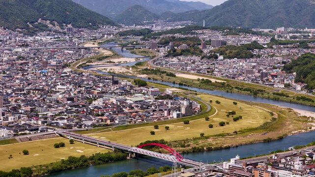 Akio bridge, Ota river and more, north Hiroshima drone view
