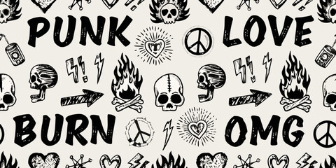 Punk rock sticker pattern element with skulls hearts and peace signs © Ajay