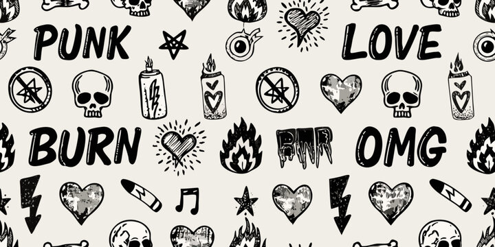 Punk rock and love themed doodle pattern black and white sketch