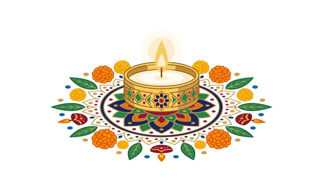 Diwali diya and rangoli decoration with marigold flowers and leaves
