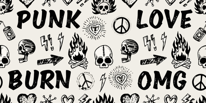 Punk rock sticker pattern element with skulls hearts and peace signs