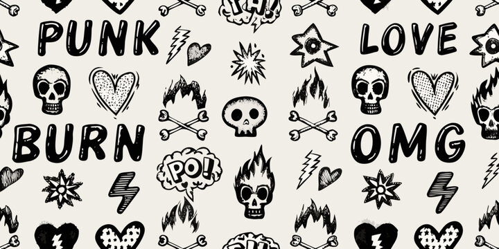 Punk rock sticker pattern element with skulls hearts and lightning bolts