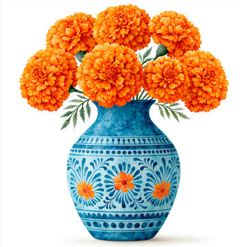 Realistic Watercolor Illustration of Decorative Vase with Bright Orange Marigolds in Mexican Folk Art Style