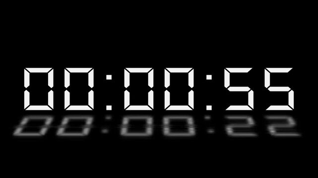 1 minute timer countdown animation, 60 to 0 countdown one minute countdown timer animation. Animated rectangle shaped stylish smooth tailed line indicator. Digital countdown timer with reflection,
