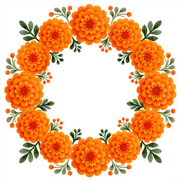 Realistic Watercolor Marigold Floral Wreath in Mexican Folk Art Style Isolated on White