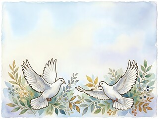 Fototapeta premium Two white doves with olive branches surrounded by watercolor foliage in soft pastels. Isolated on transparent background, ready for wedding invitations, peace campaigns, and greeting card designs.