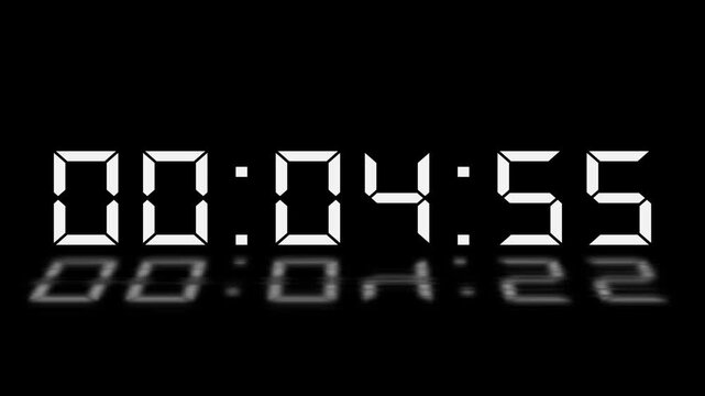 5 minute timer countdown animation, 300 to 0 countdown five minute countdown timer animation. Animated rectangle shaped stylish smooth tailed line indicator. Digital countdown timer with reflection,