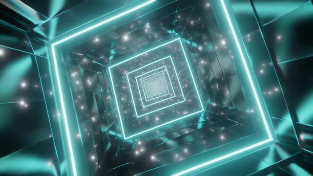 Ultra realistic crystalline glass tunnel with floating transparent panels, cyan neon reflections and luminous particles, creating a premium cloud computing technology background with copy space.