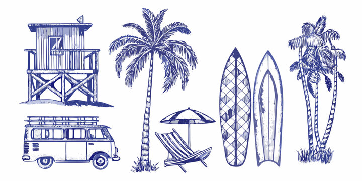 Beach Scene Illustration With Palm Trees Surfboards And Vintage Van