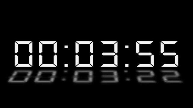 4 minute timer countdown animation, 240 to 0 countdown four minute countdown timer animation. Animated rectangle shaped stylish smooth tailed line indicator. Digital countdown timer with reflection,