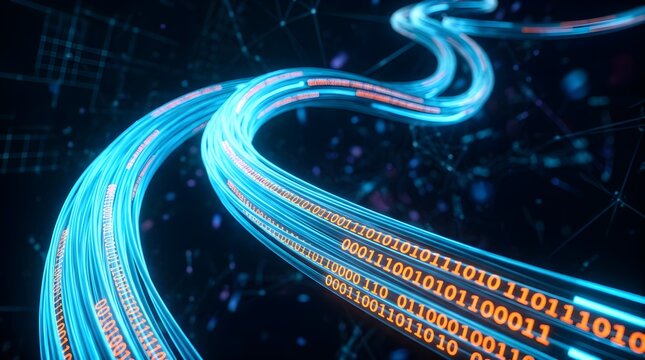 High speed fiber optic cable data transfer with glowing binary code stream transfer internet