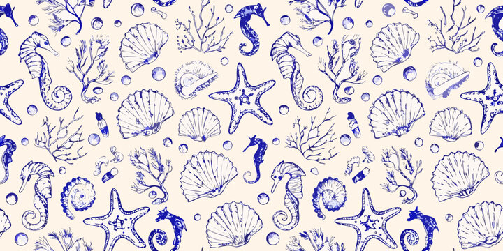 Marine life floral ornament a repeating vector pattern on a light background