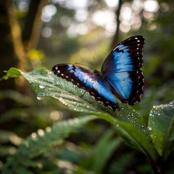 Beautiful Blue Butterfly Resting on a Green Leaf in Natural Light