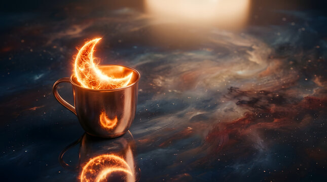 A glowing cup with a crescent moon on fire sits on a reflective surface in a mystical galaxy environment.