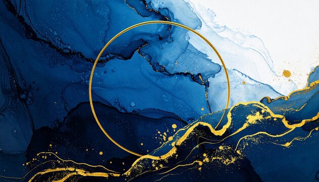 Deep blue marbled background with golden circle and accents, symbolizing luxury, elegance, and artistic abstract composition.