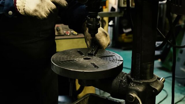 The professional metalworker uses a manual drill press in a machine shop to bore precise holes into a small steel workpiece with industrial tools and specialized equipment.