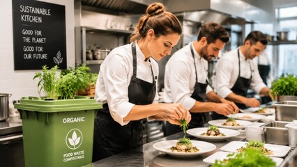 Obraz premium Female chef and two male sous chefs carefully garnish plated organic meals in busy commercial kitchen beside green composting bin labeled organic; scene shows teamwork, hygiene, fresh herbs