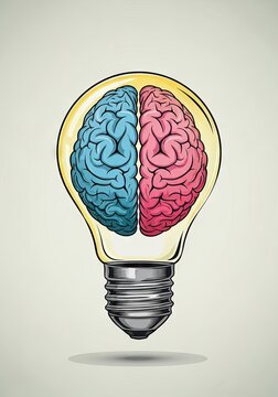 Human brain split into two colored hemispheres inside a glowing light bulb.