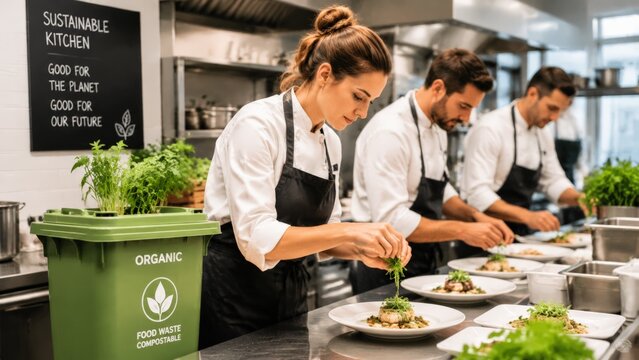 Female chef and two male sous chefs carefully garnish plated organic meals in busy commercial kitchen beside green composting bin labeled organic; scene shows teamwork, hygiene, fresh herbs