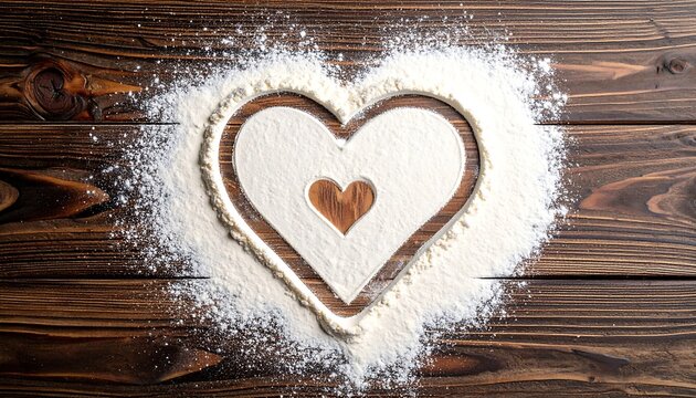 A heart-shaped cookie cutter filled with white powder on a wooden surface