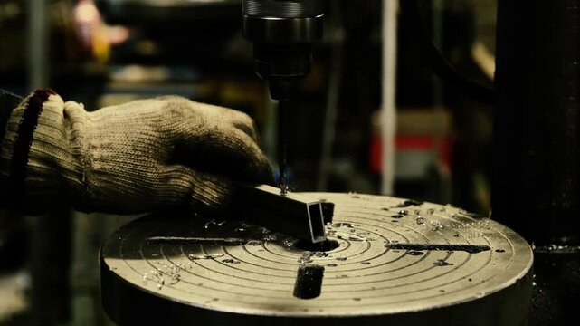 The professional metalworker uses a manual drill press in a machine shop to bore precise holes into a small steel workpiece with industrial tools and specialized equipment.
