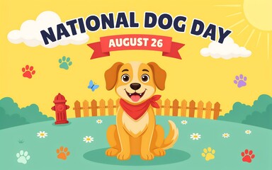 Fototapeta premium National dog day celebration banner with cute dog illustration, paw print decoration and outdoor vector design