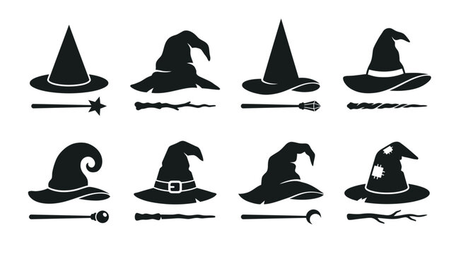 Set of black silhouette witch hats and magic wands for halloween design Vector