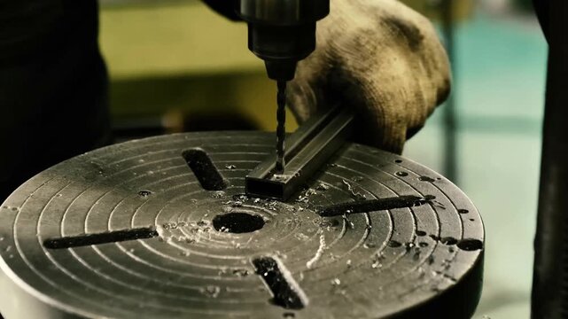 The professional metalworker uses a manual drill press in a machine shop to bore precise holes into a small steel workpiece with industrial tools and specialized equipment.