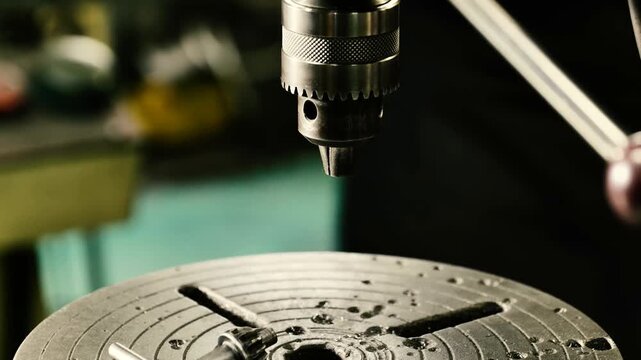 The professional metalworker uses a manual drill press in a machine shop to bore precise holes into a small steel workpiece with industrial tools and specialized equipment.