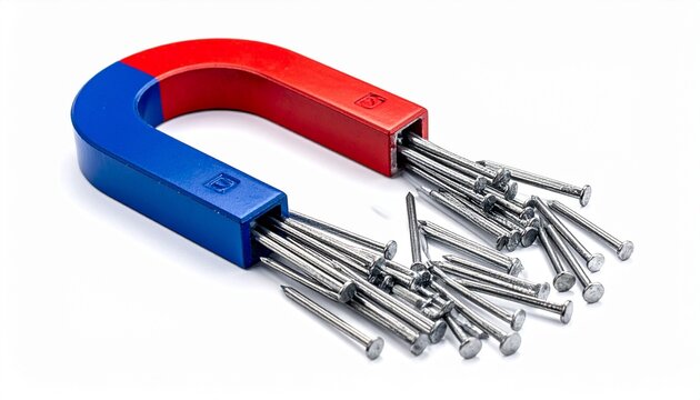 Red‑blue horseshoe magnet attracting metallic nails, symbolizing magnetic force, polarity, and scientific visualization of physics concept.